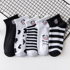 5 Pairs Mixed Pattern Socks Cow Spots Striped Ankle Women's Stockings