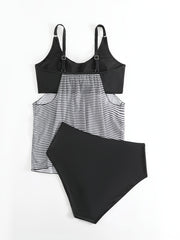 Striped Print 2 Piece Set Tankini Tummy Control Mesh Swimsuit Beach Pool Bathing