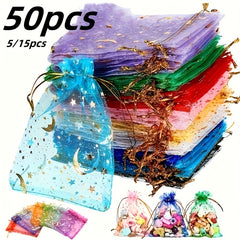 50pcs Moon Star Drawstring Organza Bag Jewelry Gift Bag, Mixed Colors