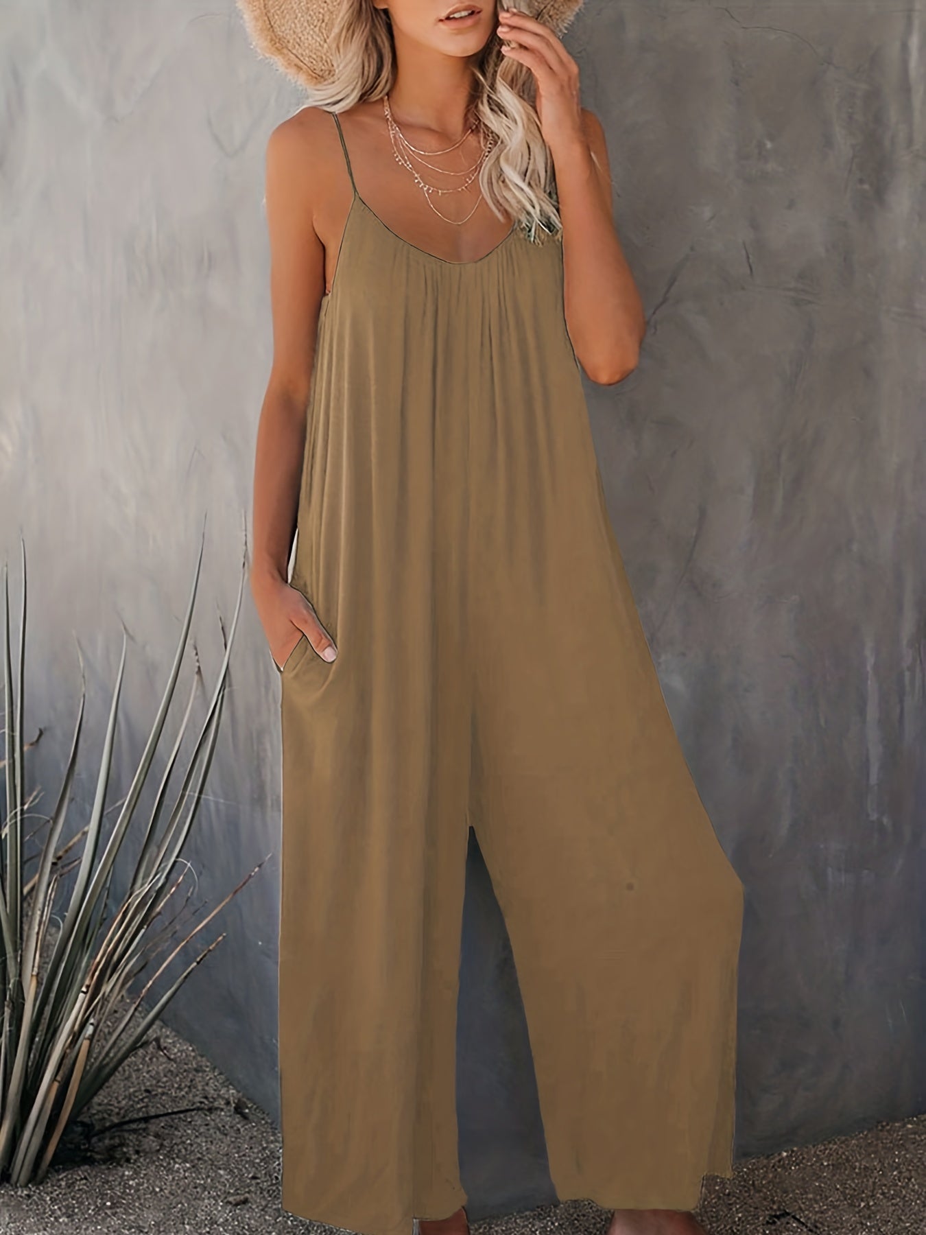 Solid Spaghetti Wide Leg Jumpsuit Casual Backless Sleeveless Jumpsuit