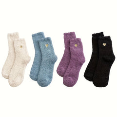 4 Pairs Heart Print Socks Comfy & Warm Fuzzy Stockings