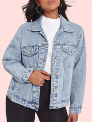 Flap Pockets Denim Coats Single Breasted Button Long Sleeves Lapel Denim Jackets