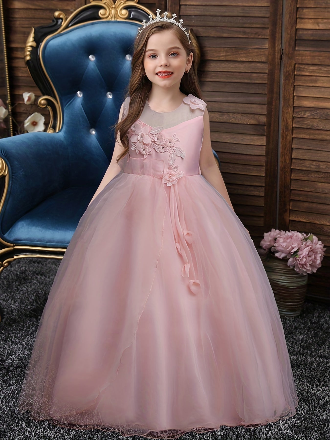Girls Princess Dress Sleeveless Flower Embroidery Mesh Tutu Dress