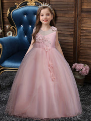 Girls Princess Dress Sleeveless Flower Embroidery Mesh Tutu Dress