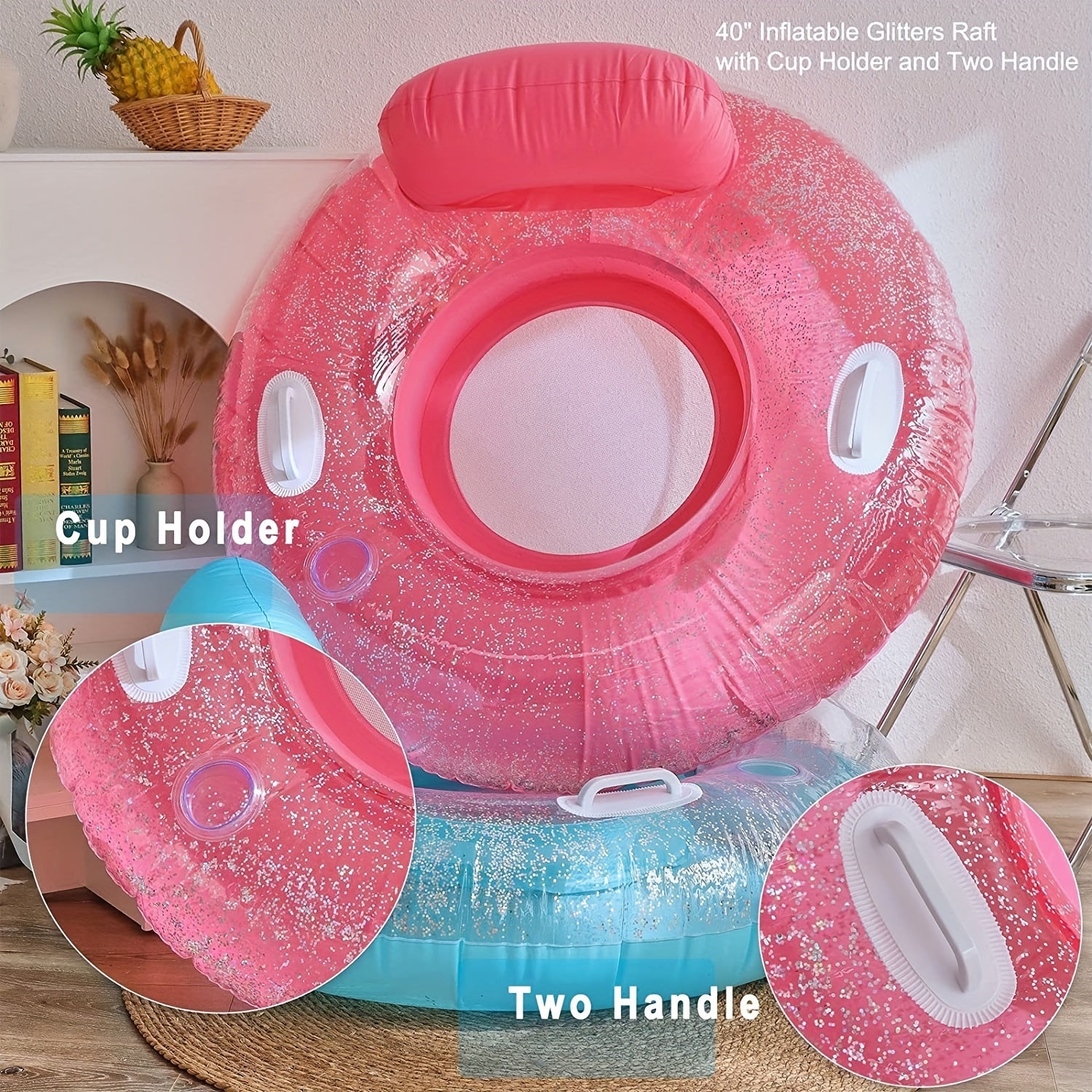 Inflatable Glitter Raft Pool Float with Cup Holder, Handles - 40 inches