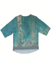 Women's Plus Floral Print Three Quarter Sleeve Round Neck T shirt