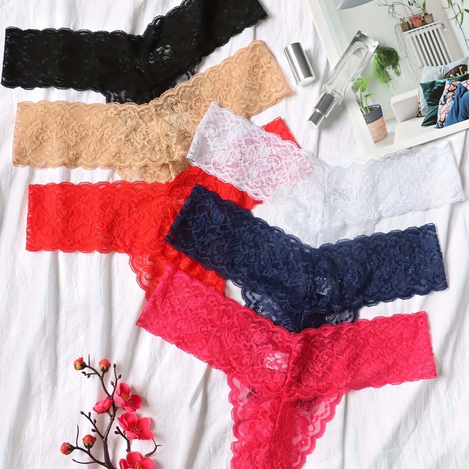 6pcs Floral Lace Thongs Scallop Trim Panties Soft Comfy Women's Lingerie