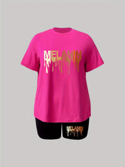 Women's Plus Gradient Letter Print Tee & Shorts 2pcs Set