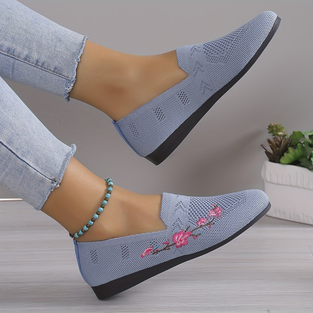 Floral Embroidered Flat Shoes Knit Slip On Casual Flats