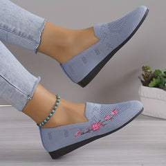 Floral Embroidered Flat Shoes Knit Slip On Casual Flats