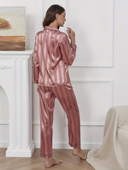 Striped Satin Pajama Set Long Sleeve Button Top & Pants