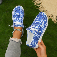 Women's Printed Canvas Lace-Up Sneakers Lightweight Low Top Shoes