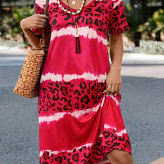 Tie Dye Leopard Print V Neck Dress