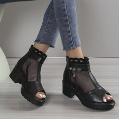 Women's Rhinestone Mesh Block Heel Boots