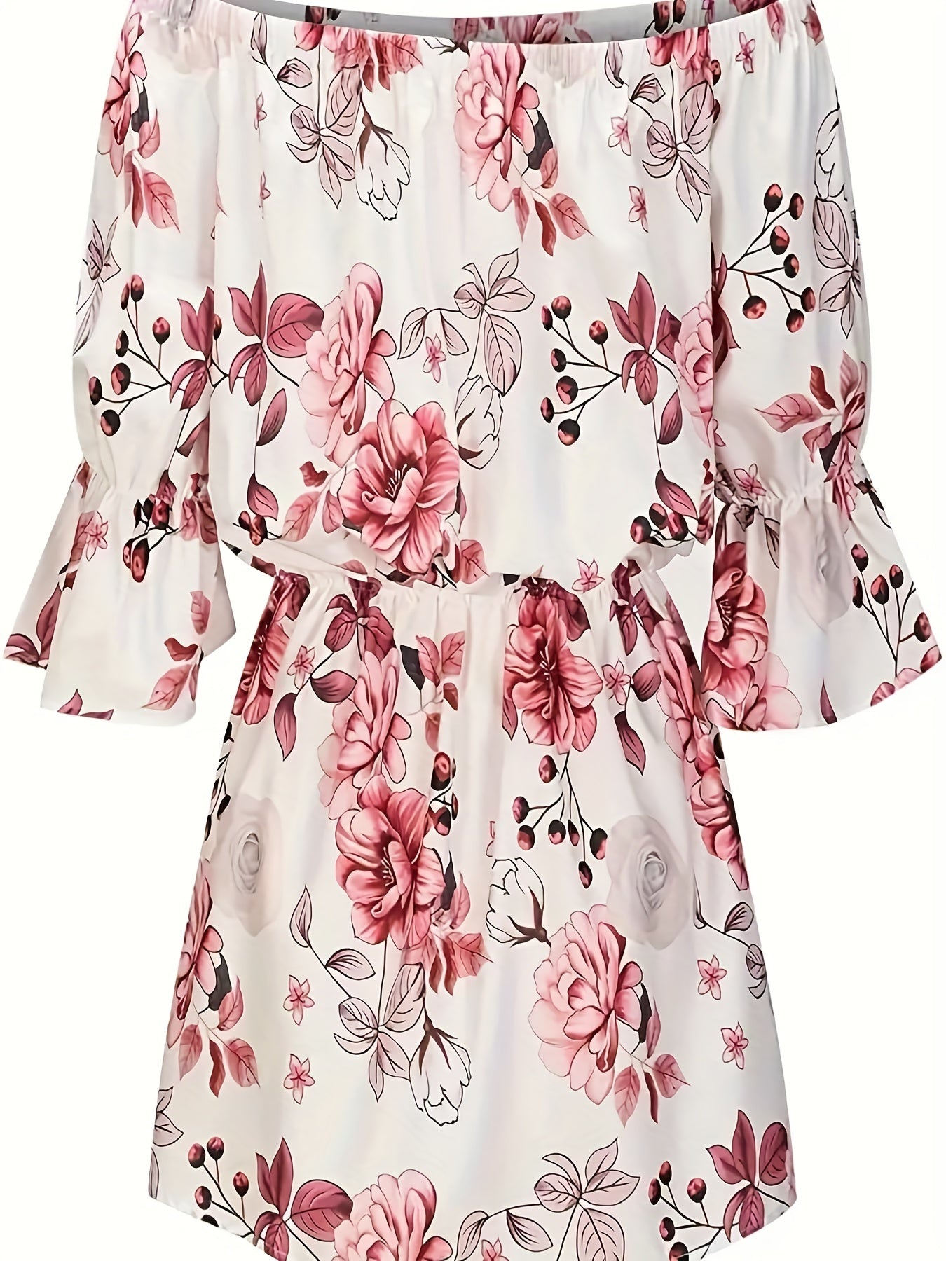 Feather Print Off Shoulder Bubble Sleeve Plus Size Dress