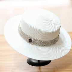 Rhinestone Strap Decor Sun Hat M Label Flat Top British Travel Beach Hat Women