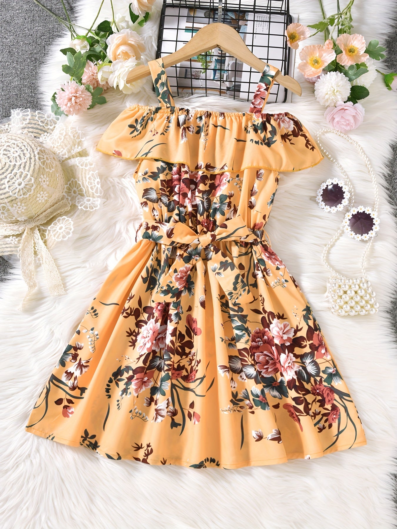 Girls Off Shoulder Ruffle Trim Flowers Print Belted Princess Dress