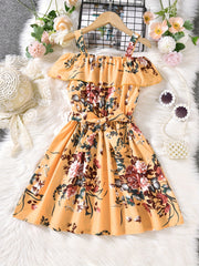 Girls Off Shoulder Ruffle Trim Flowers Print Belted Princess Dress