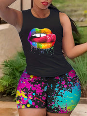2 Pcs Letter Print Crew Neck Tank Top & Abstract Print Shorts Set