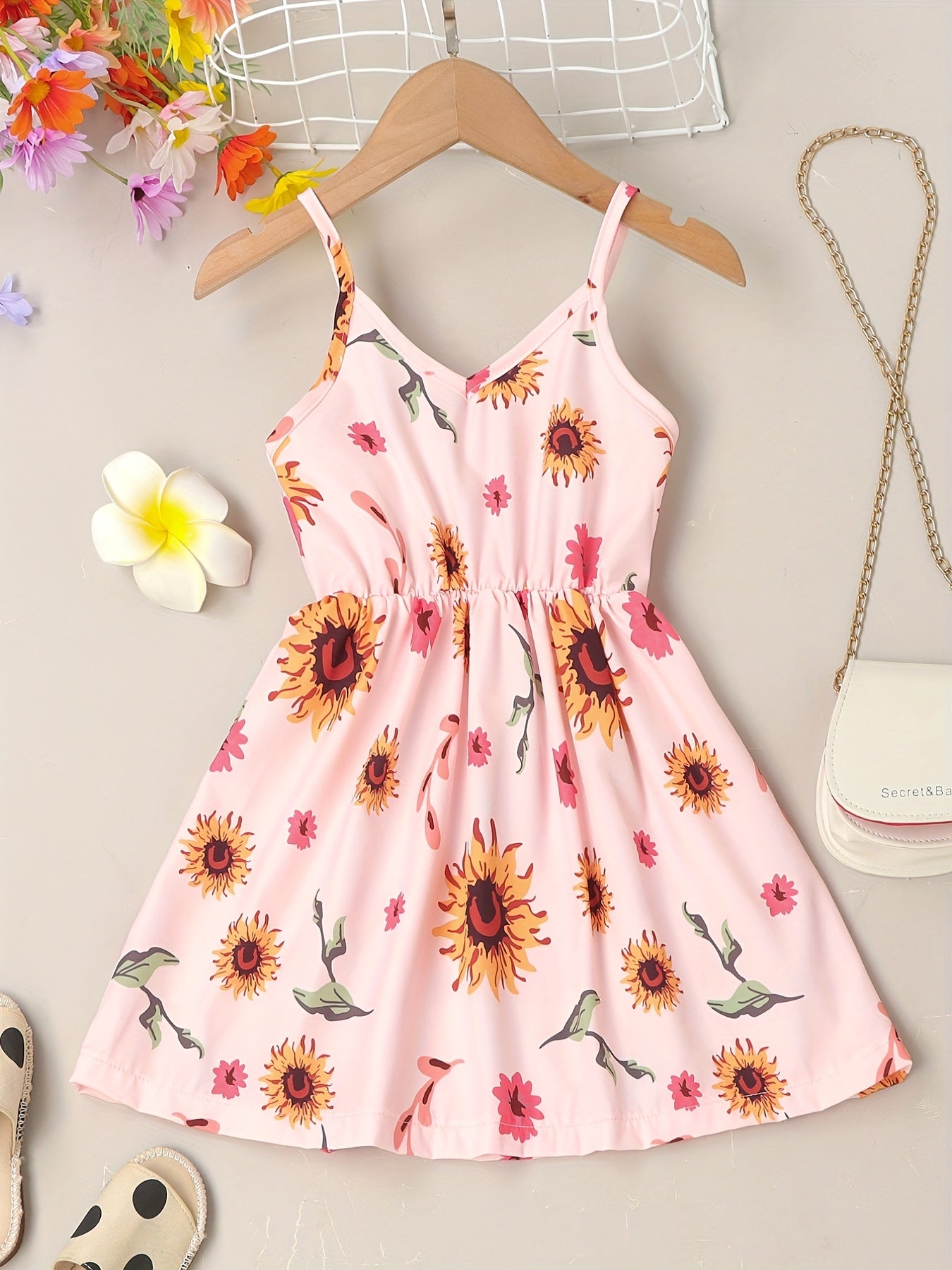 Girls Sunflower Cami Dress Kids Summer Vacation Casual Dress