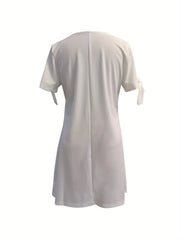 Lace Trim V Neck Dress Short Sleeve Casual Dress For Summer & Spring