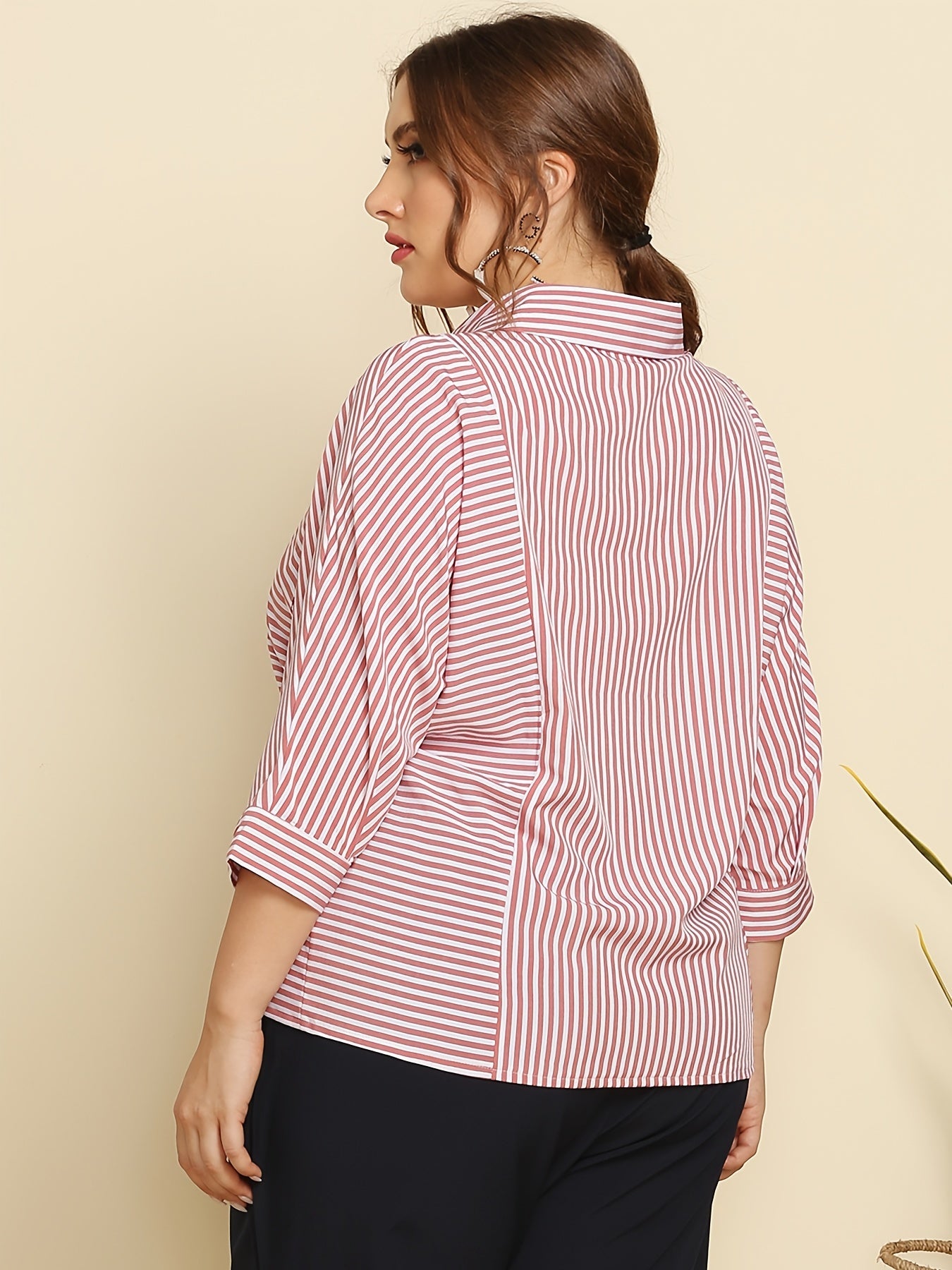 Striped Print Long Sleeve Shirt Women's Plus Button Front