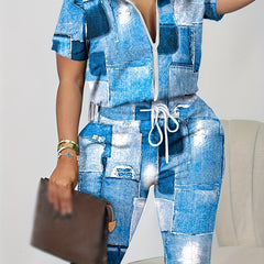 Two Piece Denim Print Set High Neck Zipper Top & Drawstring Pants
