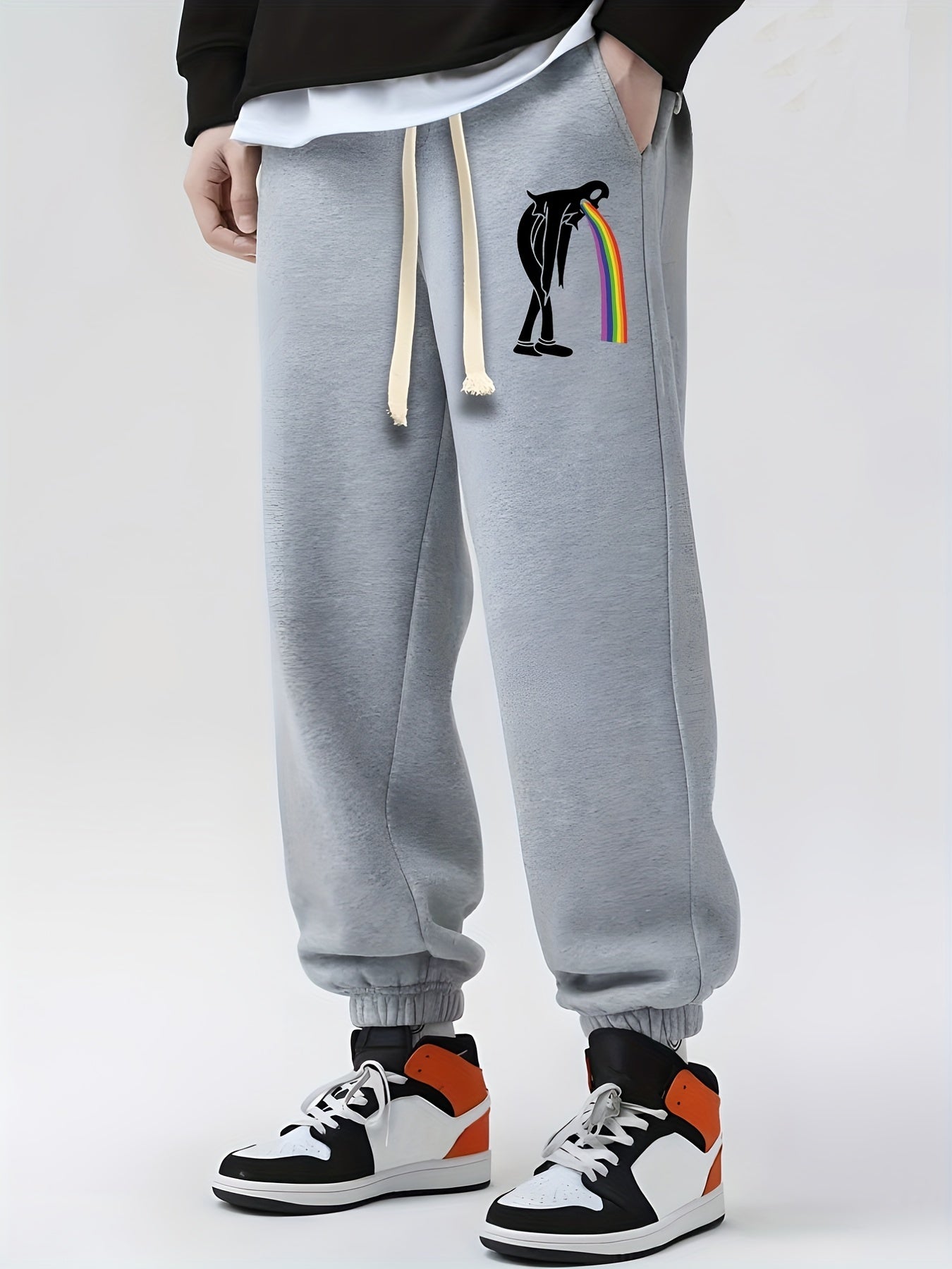 Funny Sheet Ghost Vomiting Rainbow Print Drawstring Sweatpants Loose Fit Pants
