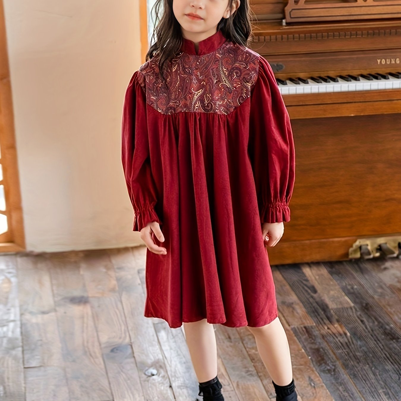 Cotton Flower Graphic Long Sleeve Dress Girls Kids Clothes