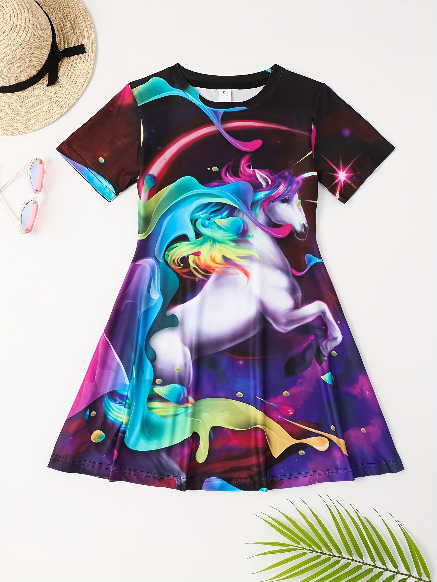 Girls Unicorn Graphic Dress Crew Neck 3D Print Summer Clothes