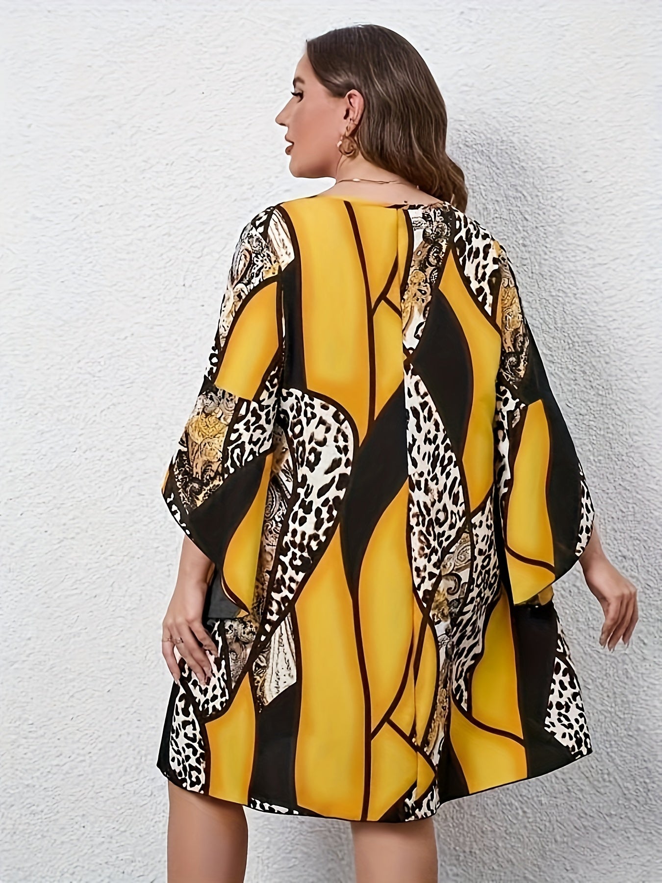 Colorblock Leopard Print Bell Sleeve Round Neck Casual Dress