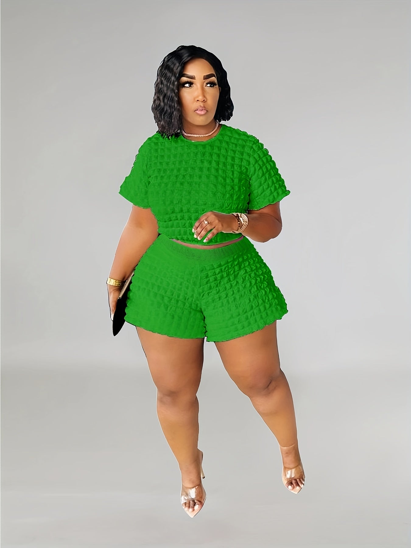 Women's Plus Puff Sleeve Crop Top & Shorts Set