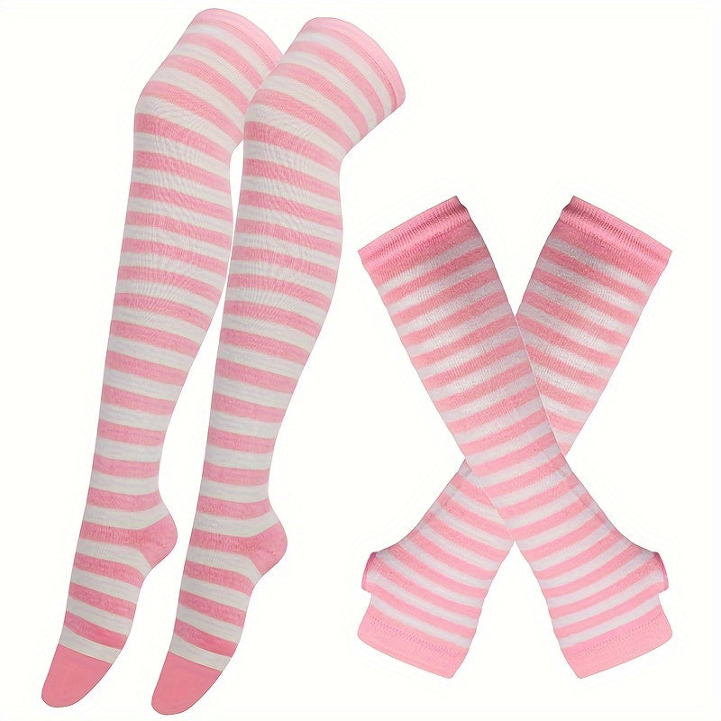 2 Pairs Set Long Over Knee Socks Colorful Striped Gloves Set