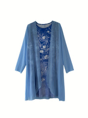 Tie Dye Floral Print Tank Dress Set with Long Sleeve Coat