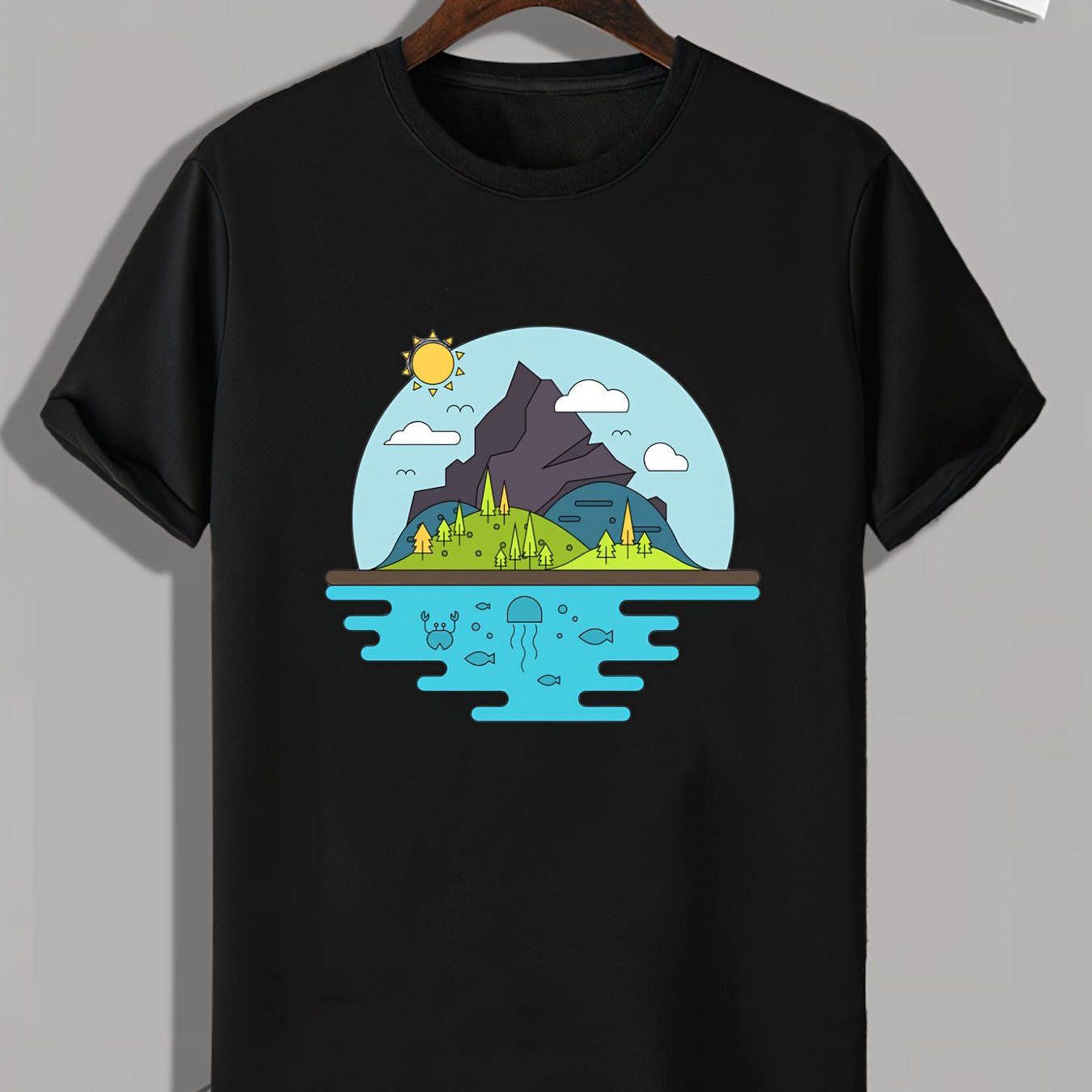 Mountain Lake Print Men's Graphic T-shirt for Summer