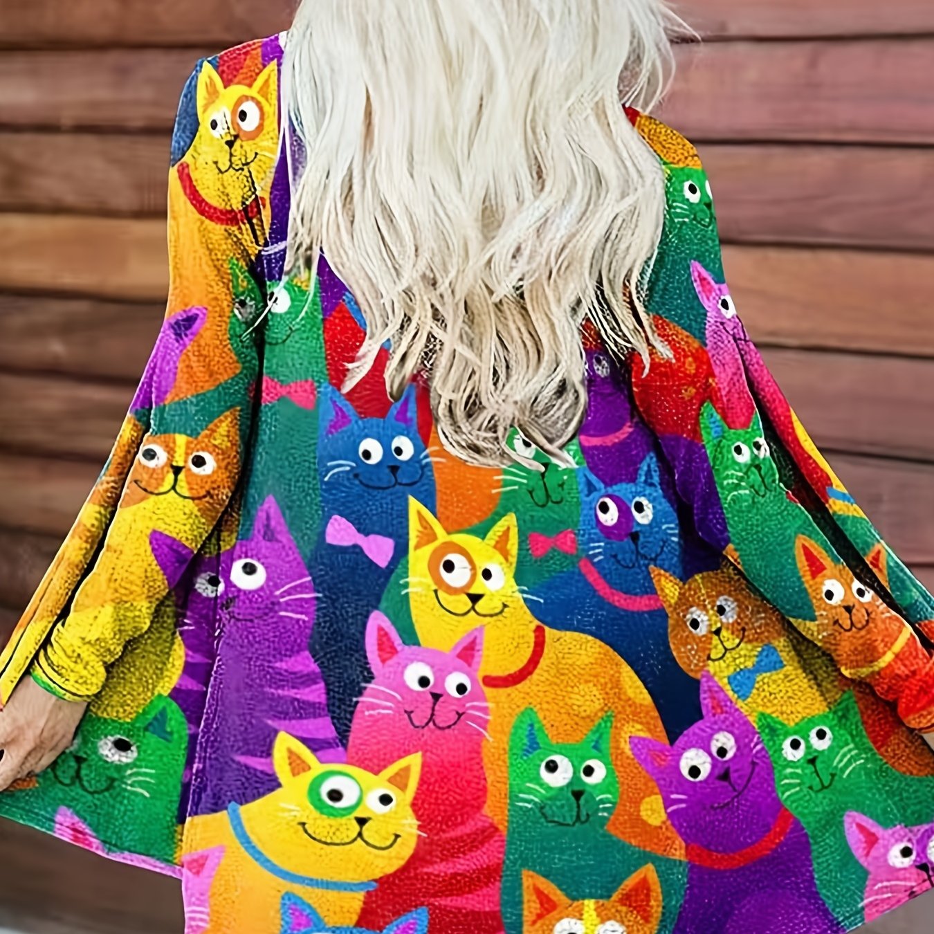 Colorful Cat Print Open Front Cardigan Casual Long Sleeve Cardigan