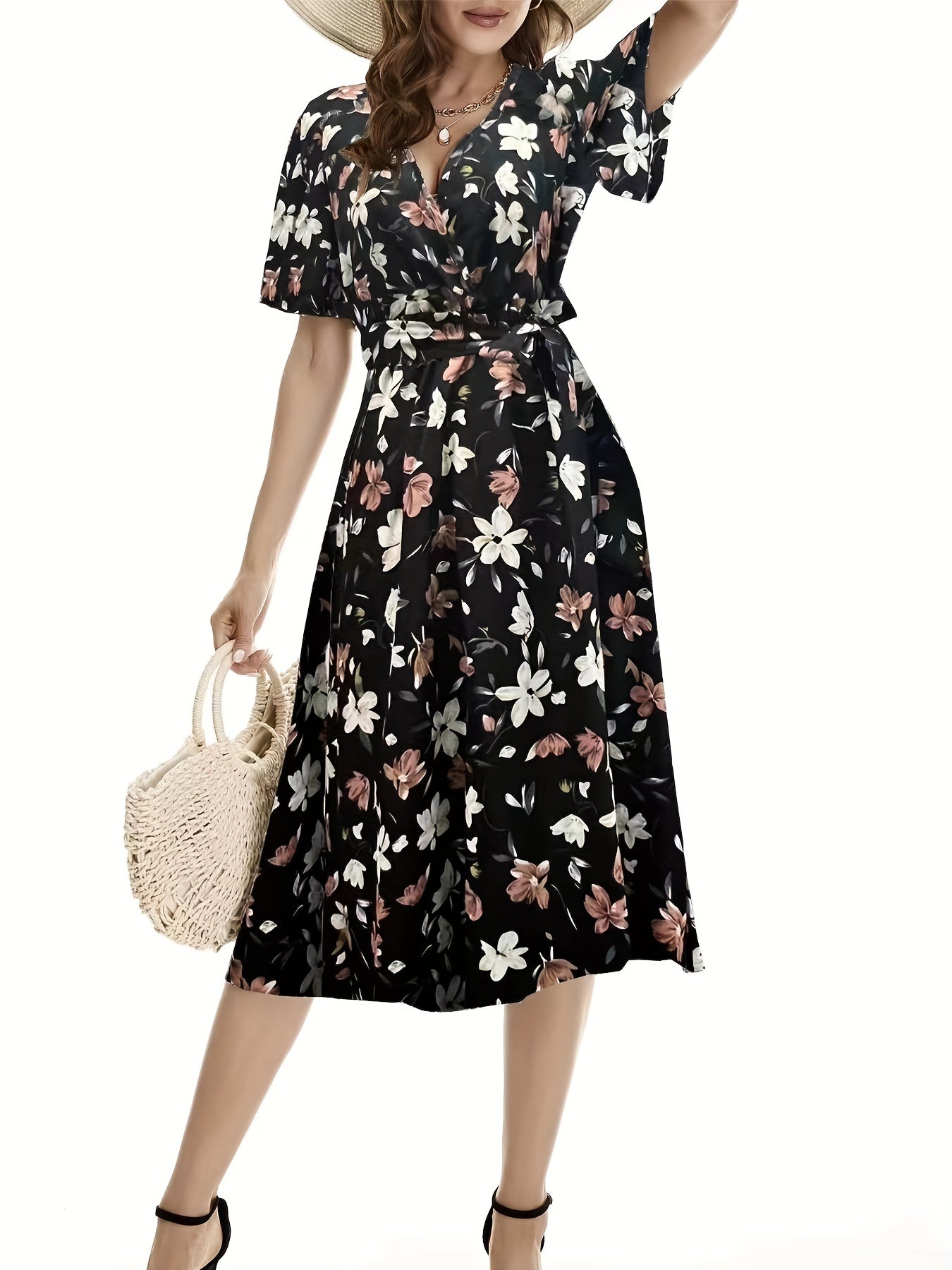 Floral Print Surplice Neck Dress Women's Clothing