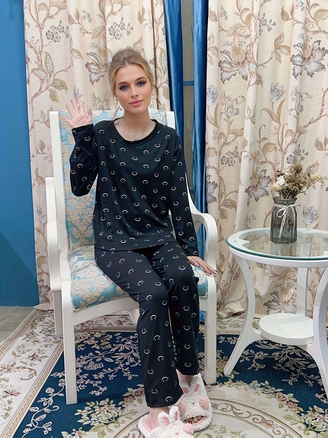 Smiling Print Lounge Set Long Sleeve Crew Neck Top & Pants