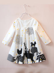 Girls' Farm Animal Cartoon Long Sleeve Cotton Dress