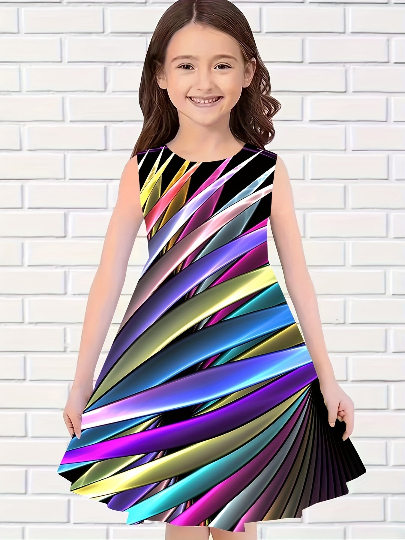 Girls Rainbow Stripped Sleeveless Dress Summer Clothes