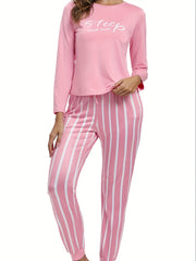 Letter Print Lounge Set Long Sleeve Crew Neck Top & Striped Pants