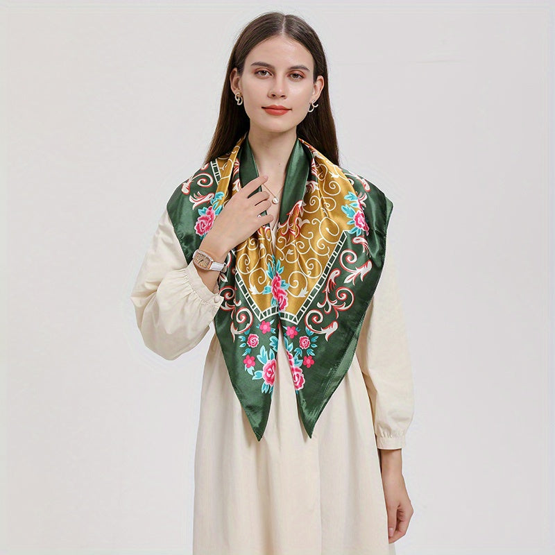 Vintage Floral Print Square Scarf Satin Shawl Women Head Wraps