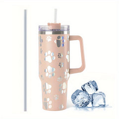 40oz Insulated Cat Paw Print Coffee Mug with Handle and Straw