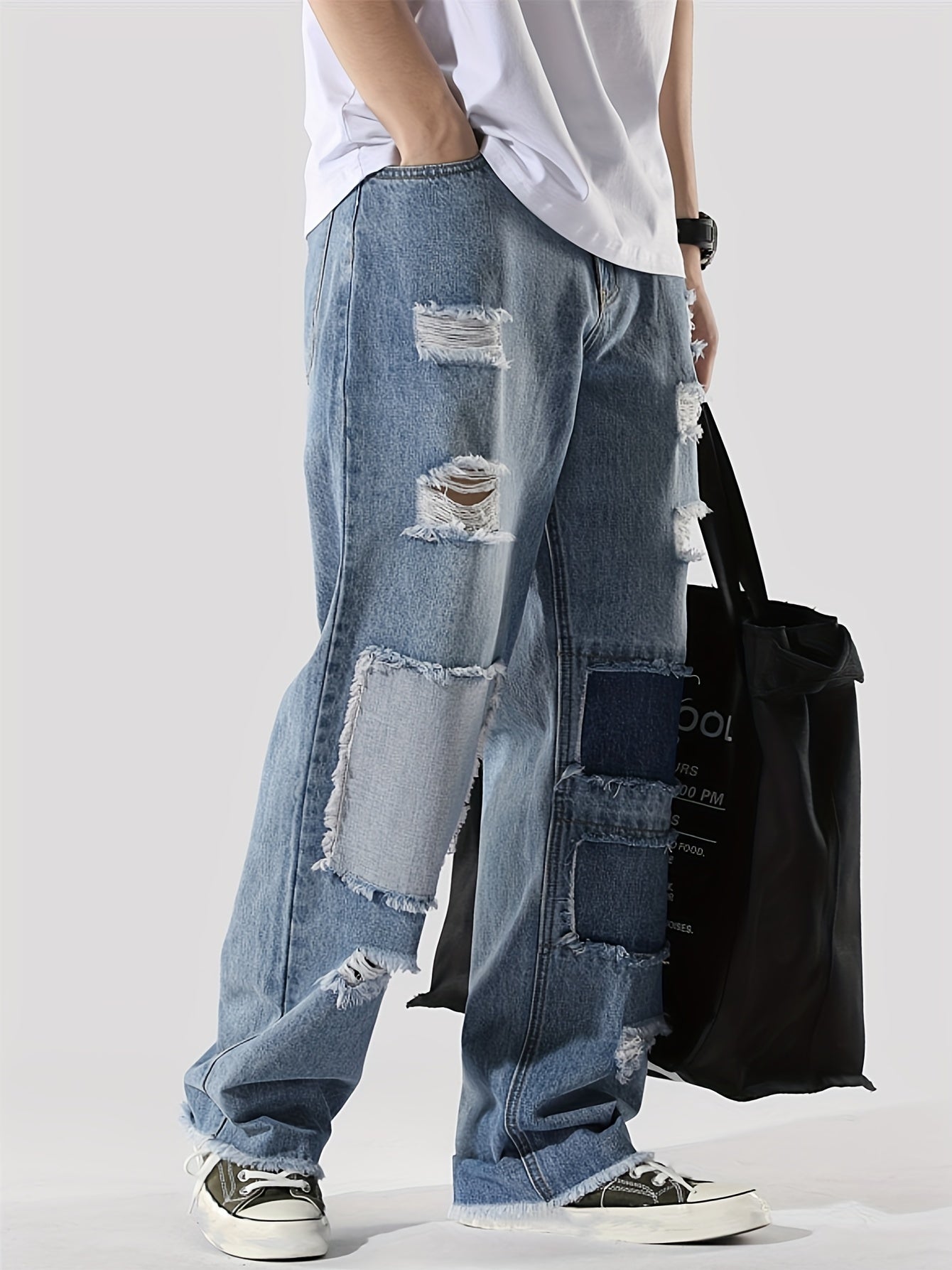 Men's Ripped Jeans Wide Leg Denim Pants