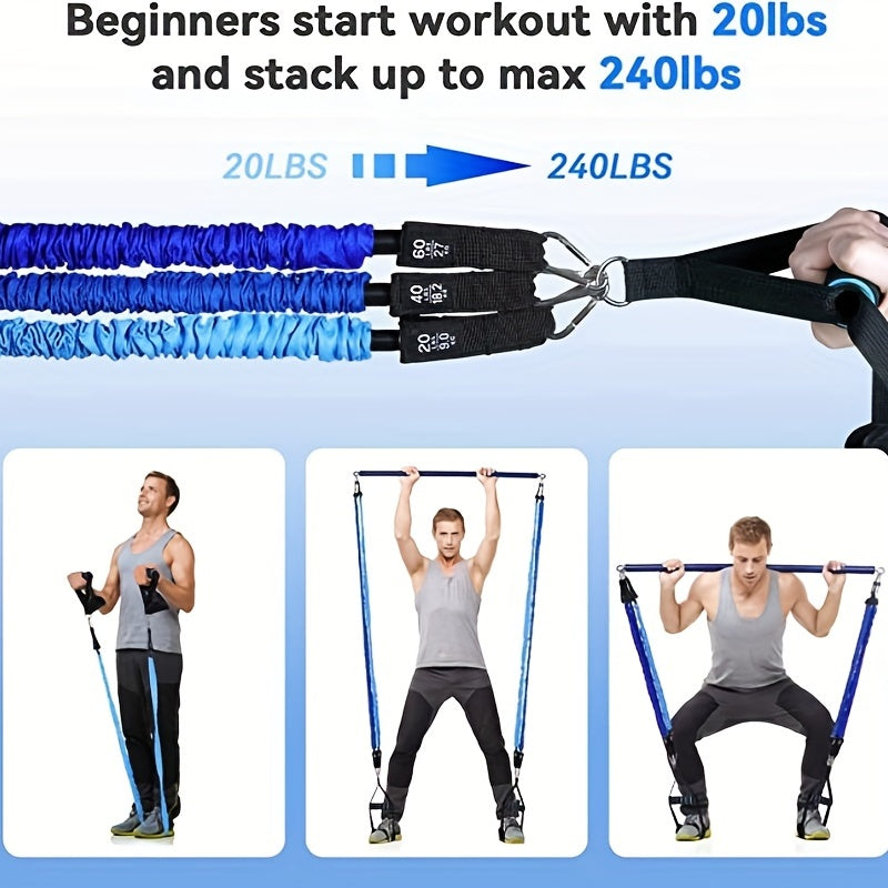 Portable Pilates Kit 3 Section Resistance Band 20-120 LBS