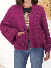 Solid Lantern Sleeve Open Front Chunky Cardigan