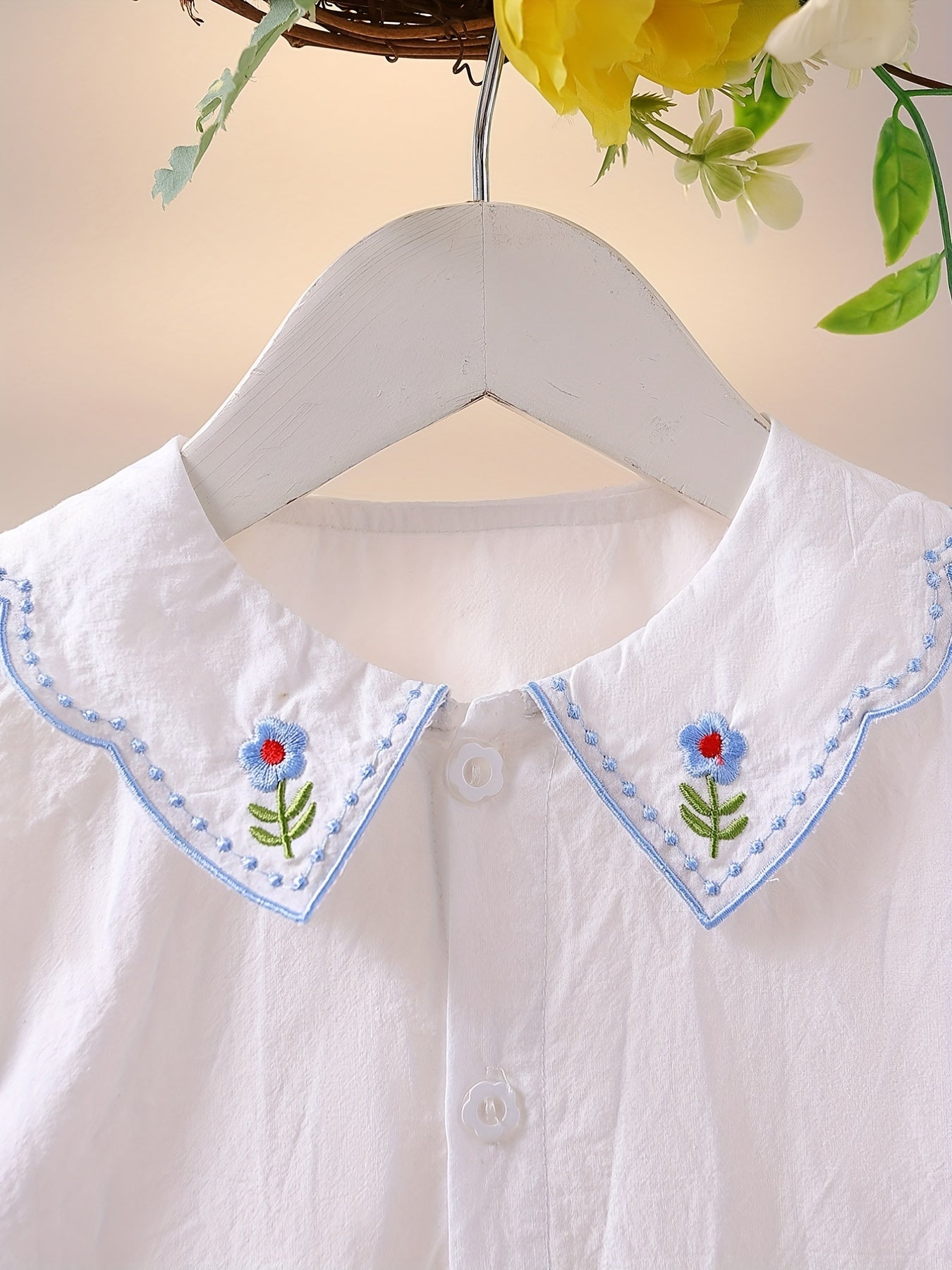 Girls Flower Embroidered Button Long Sleeve Shirt