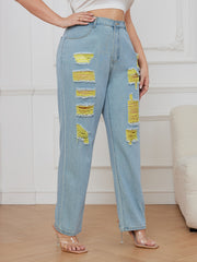 Colorblock Button Fly High Rise Ripped Jeans