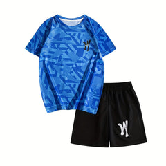 Boys Sports Suit Short Sleeves Tops & Bottoms for Basketball and Soccer Training