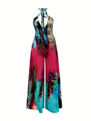 Tie Dye Wide Leg Halter Jumpsuit Backless Sexy Jumpsuit